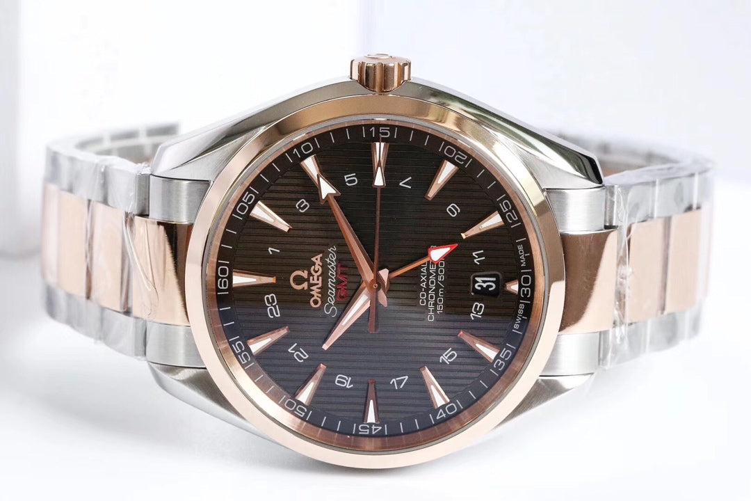 VS공장 오메가 브라운 다이얼 아쿠아테라 GMT 로즈골드 콤비 150M