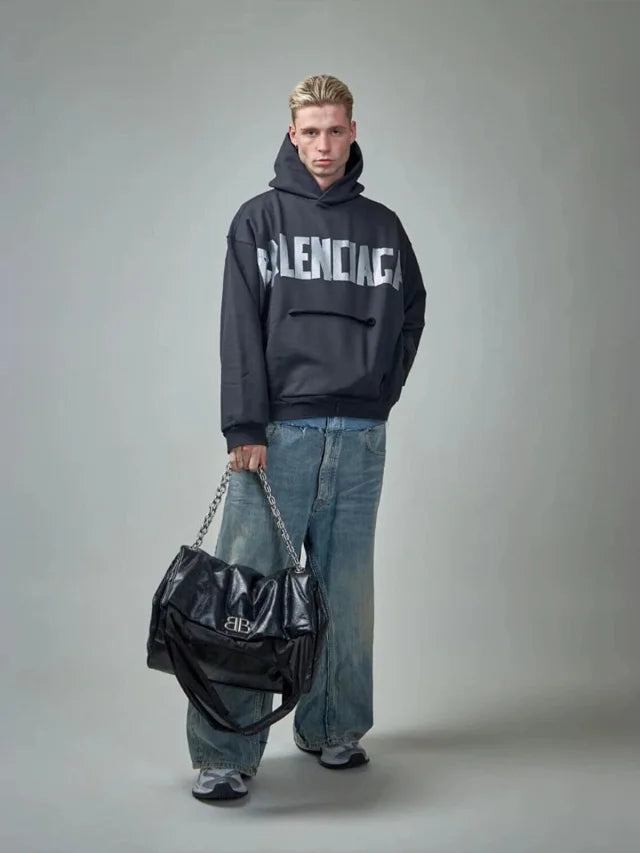 꼬부기 / 발렌시아가 후드티 ,  B24fw흑실버테이프프린트누비후드/3D입체컷팅/히든포켓