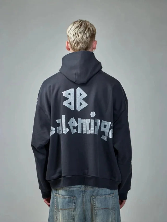 꼬부기 / 발렌시아가 후드티 ,  B24fw흑실버테이프프린트누비후드/3D입체컷팅/히든포켓