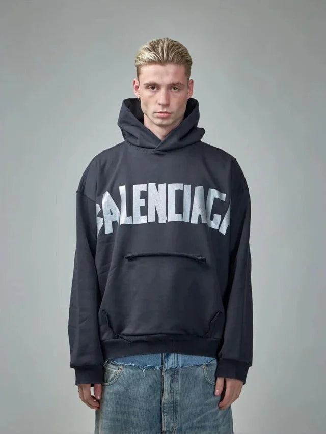 꼬부기 / 발렌시아가 후드티 ,  B24fw흑실버테이프프린트누비후드/3D입체컷팅/히든포켓