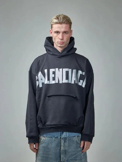 꼬부기 / 발렌시아가 후드티 ,  B24fw흑실버테이프프린트누비후드/3D입체컷팅/히든포켓