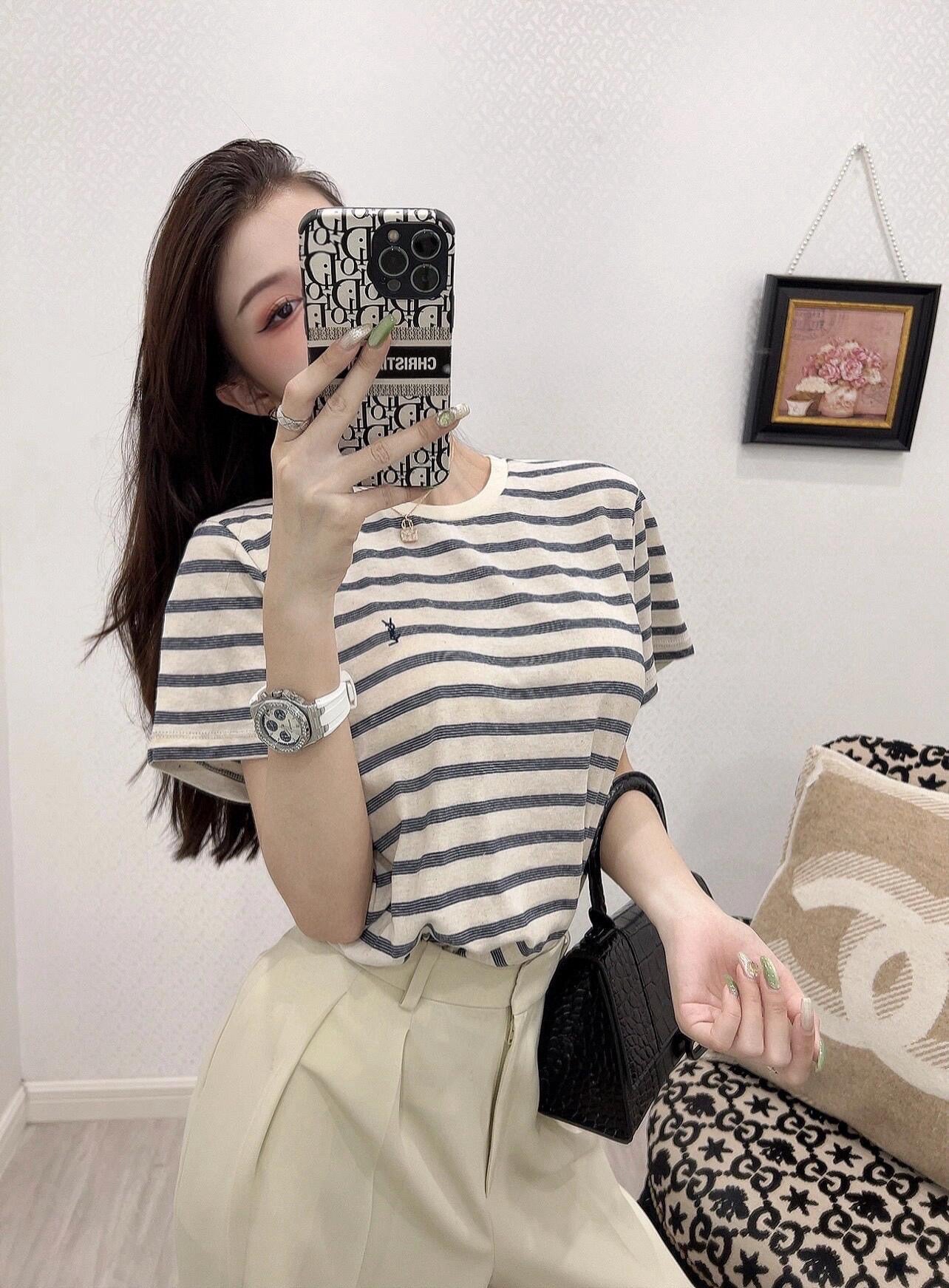 사슬 / 입생로랑 여성 스트라이프 라운드넥 반팔 티셔츠