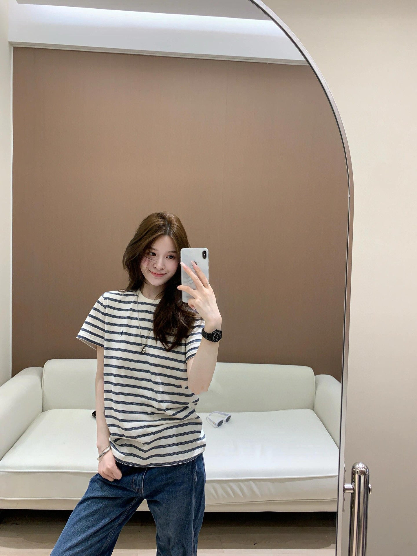 사슬 / 입생로랑 여성 스트라이프 라운드넥 반팔 티셔츠