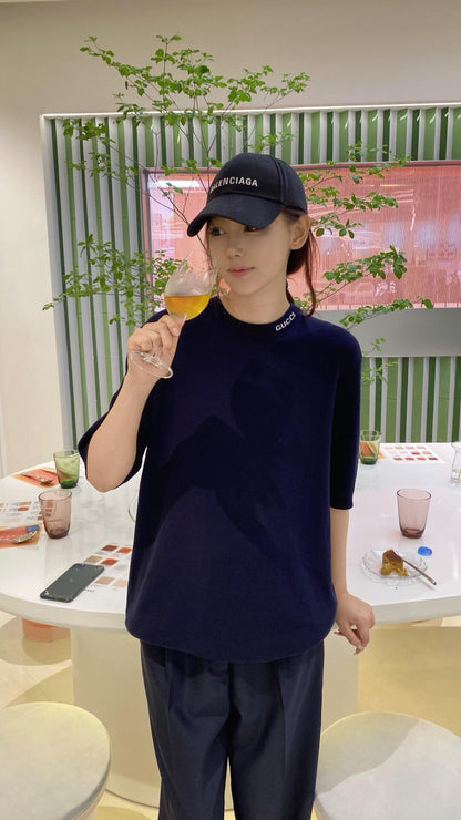 사슬 / 구찌 남성 여성 니트 라운드넥 반팔 티셔츠 네이비