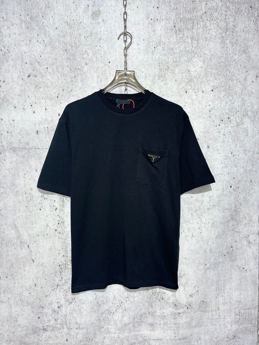 사슬 / 프라다 남성 여성 순색 로고 트림 가슴 주머니 라운드 반팔 티셔츠