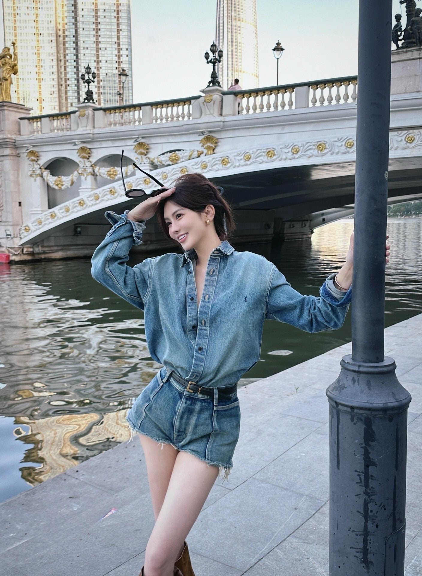 사슬 / 입생로랑 남성 여성 긴팔 데님 셔츠